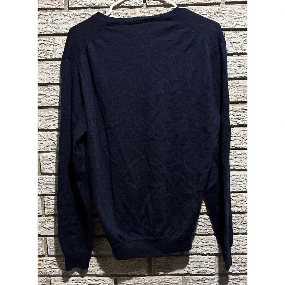 Polo Ralph Lauren Mens Navy Blue Washable Merino Wool V-Neck Sweater Slim Fit L